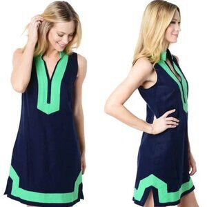 Sail to Sable Navy Sleeveless Classic Tunic Dress Green Trim Linen size small